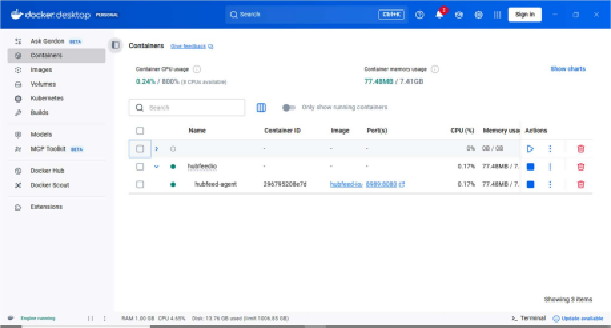 Docker Desktop showing the agent container running